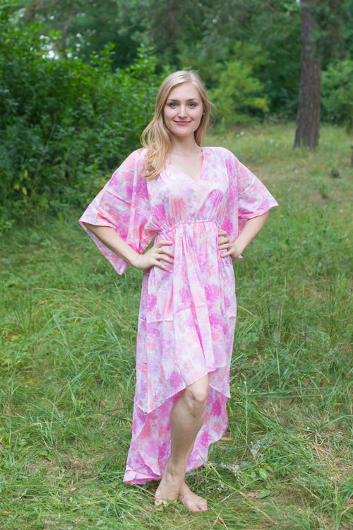 White Pink High Low Wind Flow Style Caftan in Ombre Fading Leaves Pattern