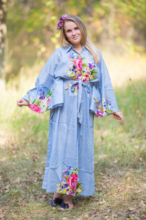 Gray Oriental Delight Style Caftan in One Long Flower Pattern