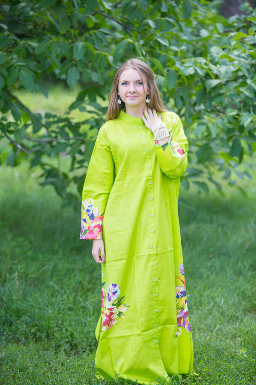 Green Charming Collars Style Caftan in One Long Flower Pattern