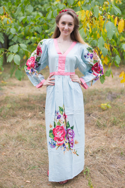 Light Blue My Peasant Dress Style Caftan in One Long Flower Pattern Light Blue My Peasant Dress Style Caftan in One Long Flower Pattern