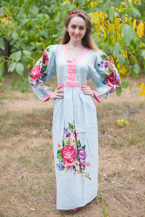 Light Blue My Peasant Dress Style Caftan in One Long Flower Pattern|One Long Flower