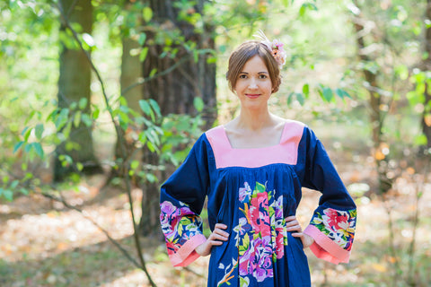 Navy Blue Fire Maiden Style Caftan in One Long Flower Pattern