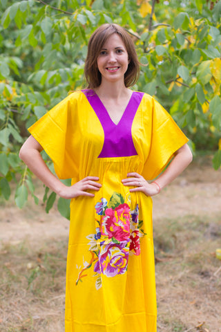 Yellow Flowing River Style Caftan in One Long Flower Pattern