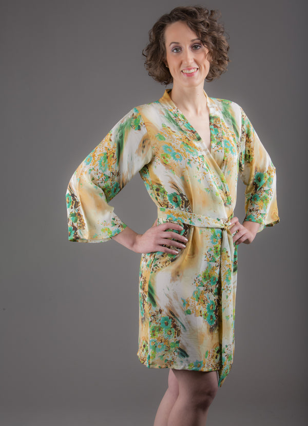 Light Yellow Silk Digital Print Floral Knee Length, Kimono Crossover Belted Robe