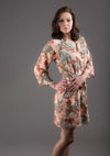Peach Silk Digital Print Floral Knee Length, Kimono Crossover Belted Robe