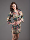 Green Silk/Cotton Blend Digital Print Floral Knee Length, Kimono Crossover Belted Robe