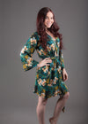 Green Silk/Cotton Blend Digital Print Floral Knee Length, Kimono Crossover Belted Robe