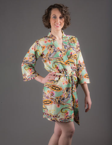 Green Paisley Silk/Cotton Blend Digital Print Floral Knee Length, Kimono Crossover Belted Robe