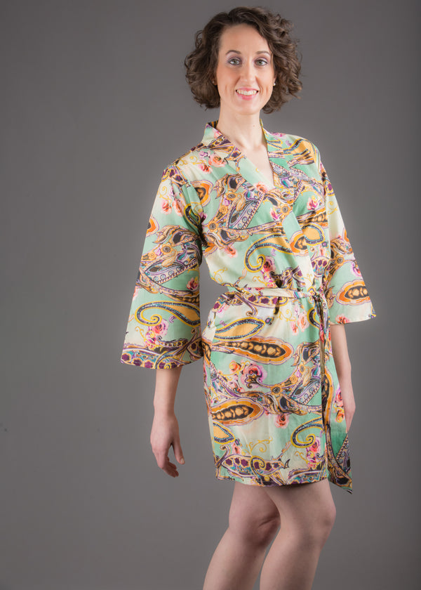 Green Paisley Silk/Cotton Blend Digital Print Floral Knee Length, Kimono Crossover Belted Robe