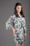 Blue Floral Silk/Cotton Blend Digital Print Floral Knee Length, Kimono Crossover Belted Robe