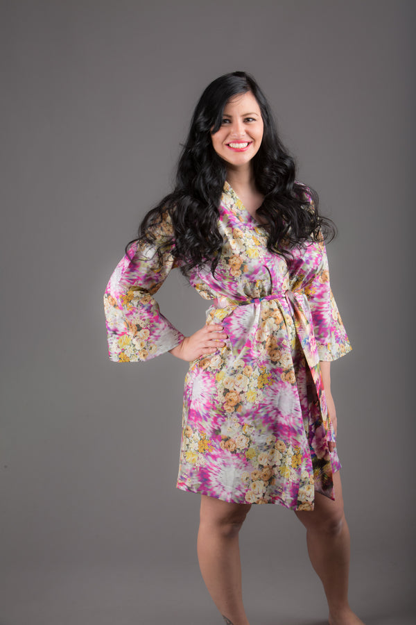 Fuchsia Floral Silk/Cotton Blend Digital Print Floral Knee Length, Kimono Crossover Belted Robe