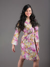 Fuchsia Floral Silk/Cotton Blend Digital Print Floral Knee Length, Kimono Crossover Belted Robe