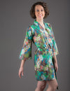 Green Silk/Cotton Blend Digital Print Floral Knee Length, Kimono Crossover Belted Robe