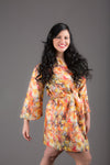 Orange Silk/Cotton Blend Digital Print Floral Knee Length, Kimono Crossover Belted Robe
