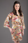 Gray Paisley Silk/Cotton Blend Digital Print Floral Knee Length, Kimono Crossover Belted Robe