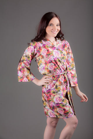 Fuchsia Floral Silk/Cotton Blend Digital Print Floral Knee Length, Kimono Crossover Belted Robe