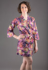 Purple Silk/Cotton Blend Digital Print Floral Knee Length, Kimono Crossover Belted Robe
