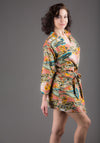 Raspberry Paisley Silk/Cotton Blend Digital Print Floral Knee Length, Kimono Crossover Belted Robe