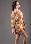 Brown Silk/Cotton Blend Digital Print Floral Knee Length, Kimono Crossover Belted Robe