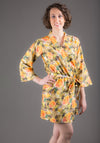 Mustard Green Silk/Cotton Blend Digital Print Floral Knee Length, Kimono Crossover Belted Robe