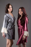 Gray Satin Robe with Ivory Lace Accented Cuffs