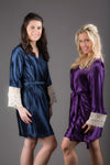 Navy Blue Satin Robe with Ivory Lace Accented Cuffs