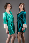 Teal Satin Robe with Ivory Lace Accented Cuffs