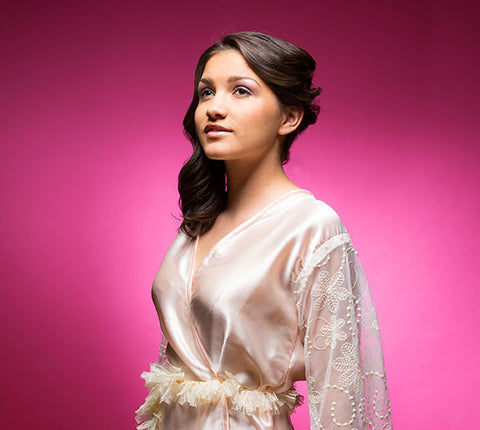 Light Peach/Apricot Satin Robe with Full Length Lace Sleeve