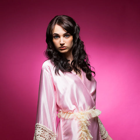Blush Pink Satin Robe With Lace Accented Cuff
