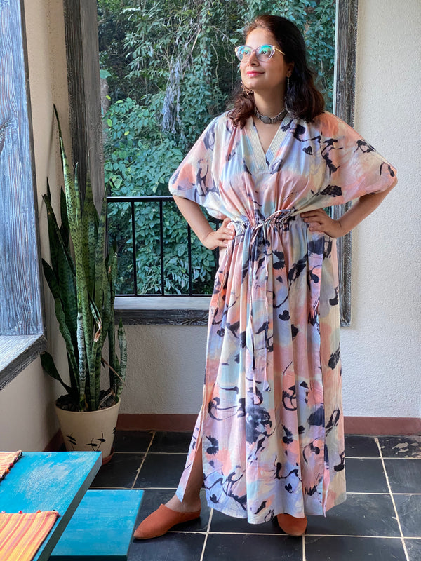 Flamingo Watercolor V-Neck, Cinched Waist Ankle Length Kaftan