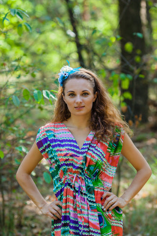 Coral Magic Sleeves Style Caftan in Peacock Plumage Pattern