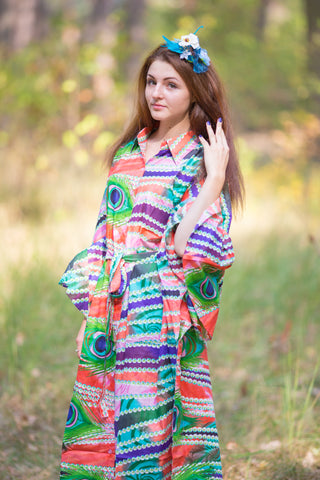 Coral Oriental Delight Style Caftan in Peacock Plumage Pattern