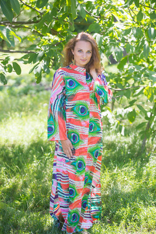 Coral Charming Collars Style Caftan in Peacock Plumage Pattern