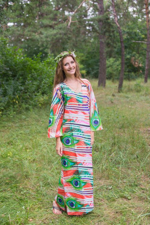 Coral The Unwind Style Caftan in Peacock Plumage Pattern|Coral The Unwind Style Caftan in Peacock Plumage Pattern
