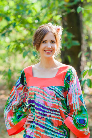 Coral Fire Maiden Style Caftan in Peacock Plumage Pattern