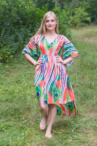 Coral High Low Wind Flow Style Caftan in Peacock Plumage Pattern