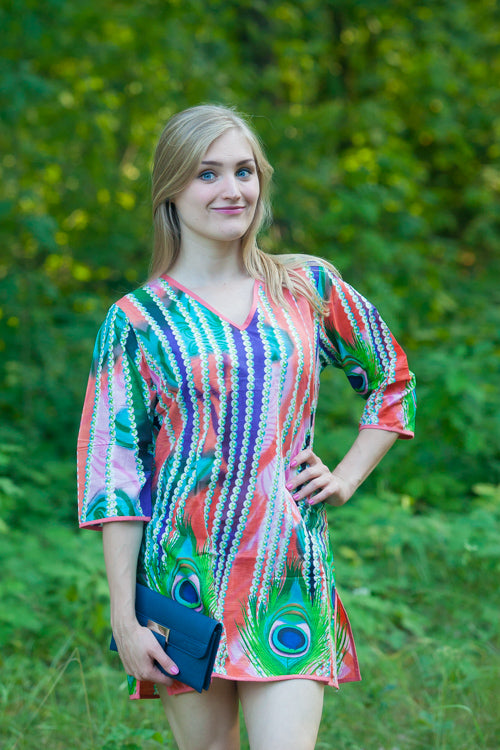 Coral Sun and Sand Style Caftan in Peacock Plumage Pattern