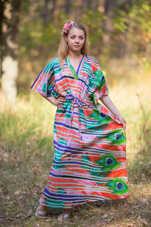 Coral The Drop-Waist Style Caftan in Peacock Plumage Pattern