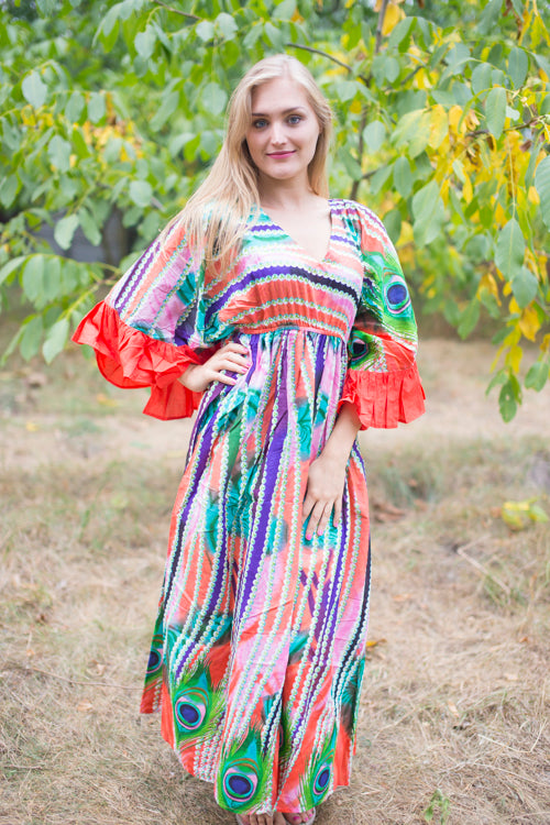 Coral Pretty Princess Style Caftan in Peacock Plumage Pattern