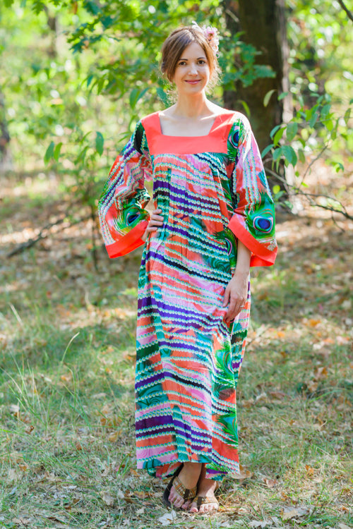 Coral Fire Maiden Style Caftan in Peacock Plumage Pattern