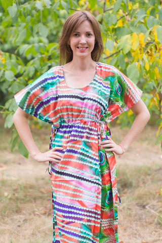 Coral Side Strings Sweet Style Caftan in Peacock Plumage Pattern