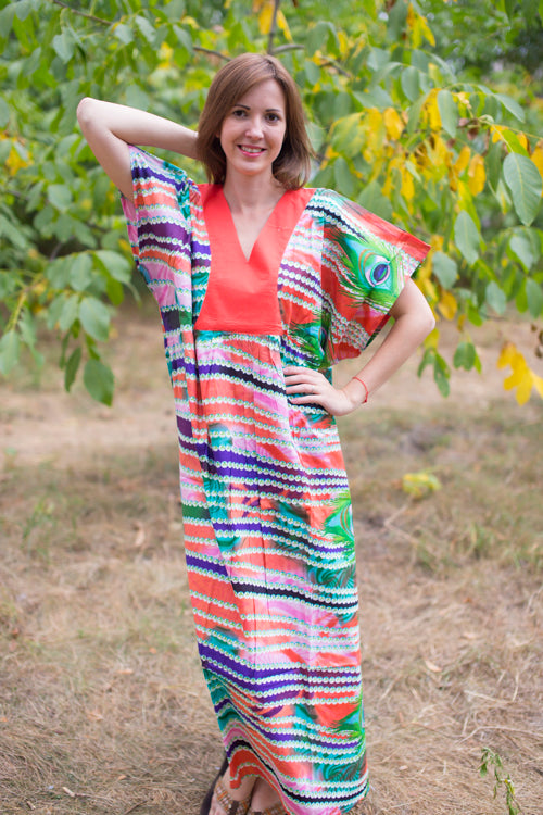 Coral Flowing River Style Caftan in Peacock Plumage Pattern