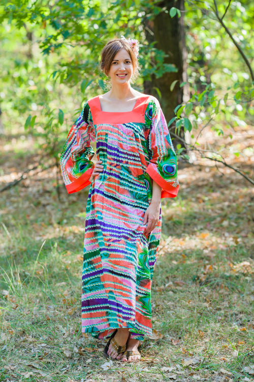 Coral Fire Maiden Style Caftan in Peacock Plumage Pattern