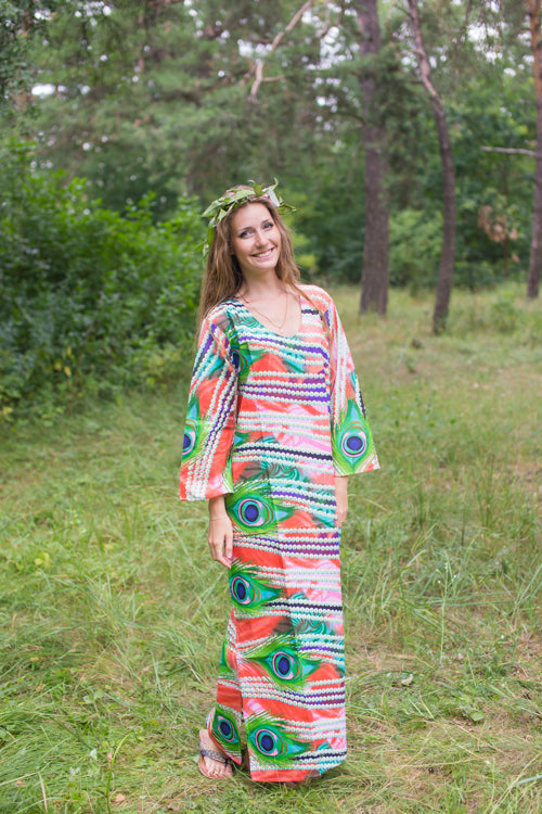Coral The Unwind Style Caftan in Peacock Plumage Pattern