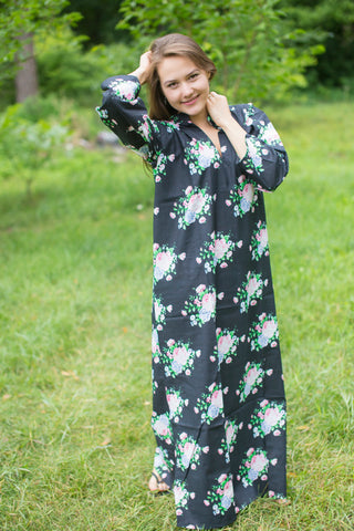Black Mandarin On My Mind Style Caftan in Pink Peonies Pattern