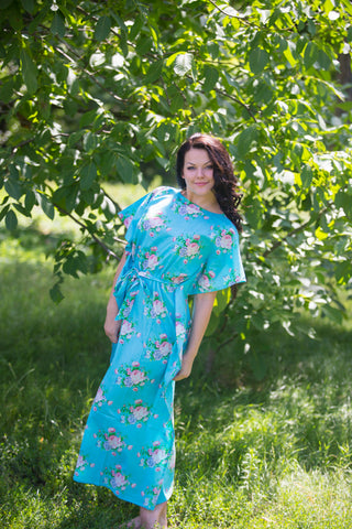 Blue Divinely Simple Style Caftan in Pink Peonies Pattern