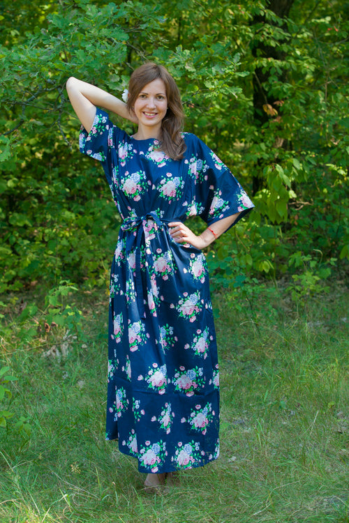 Dark Blue Mademoiselle Style Caftan in Pink Peonies Pattern