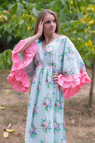 Light Blue Pretty Princess Style Caftan in Pink Peonies Pattern