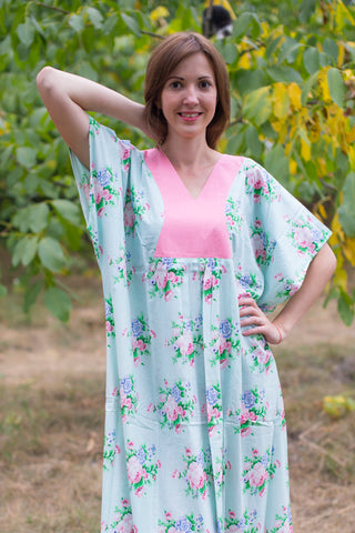 Light Blue Flowing River Style Caftan in Pink Peonies Pattern