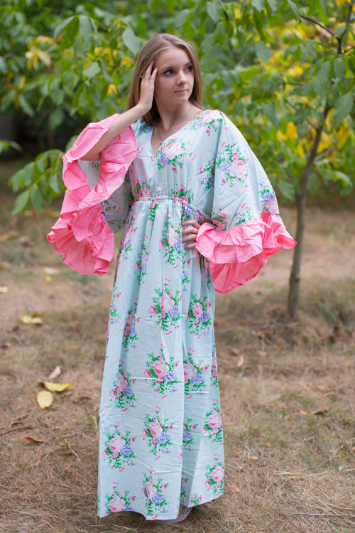 Light Blue Pretty Princess Style Caftan in Pink Peonies Pattern